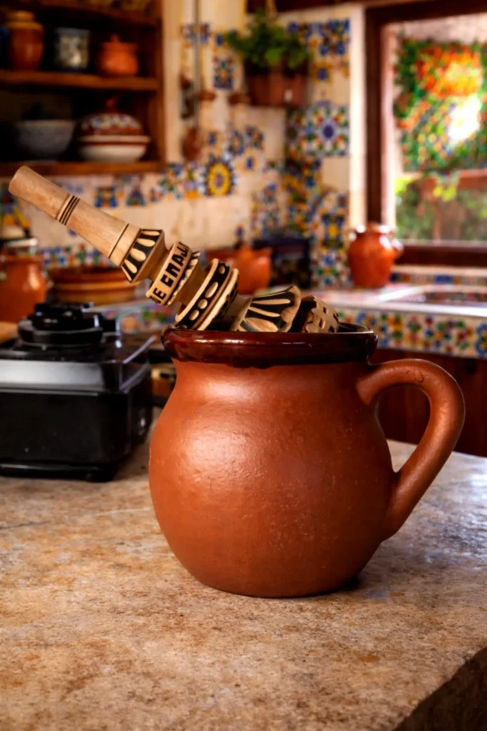 A clay pot with a wooden whisk rests in a colorful kitchen, capturing spiced cocoa texture and the ritual of slow stirring.