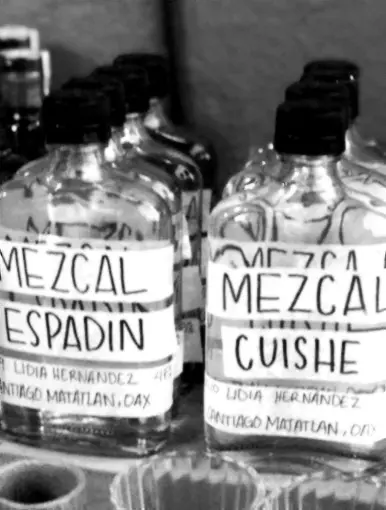 Hand-labeled mezcal bottles in a rustic lineup, showcasing smoky depth, small-batch character, and artisan craft.
