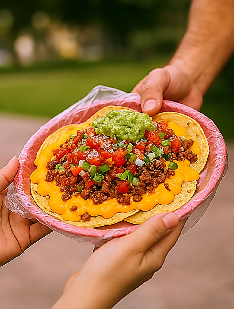 Two hands hold a plate of tacos with cheese, meat, salsa, green onions, and guacamole—street food near the Bahía de Banderas coastline.