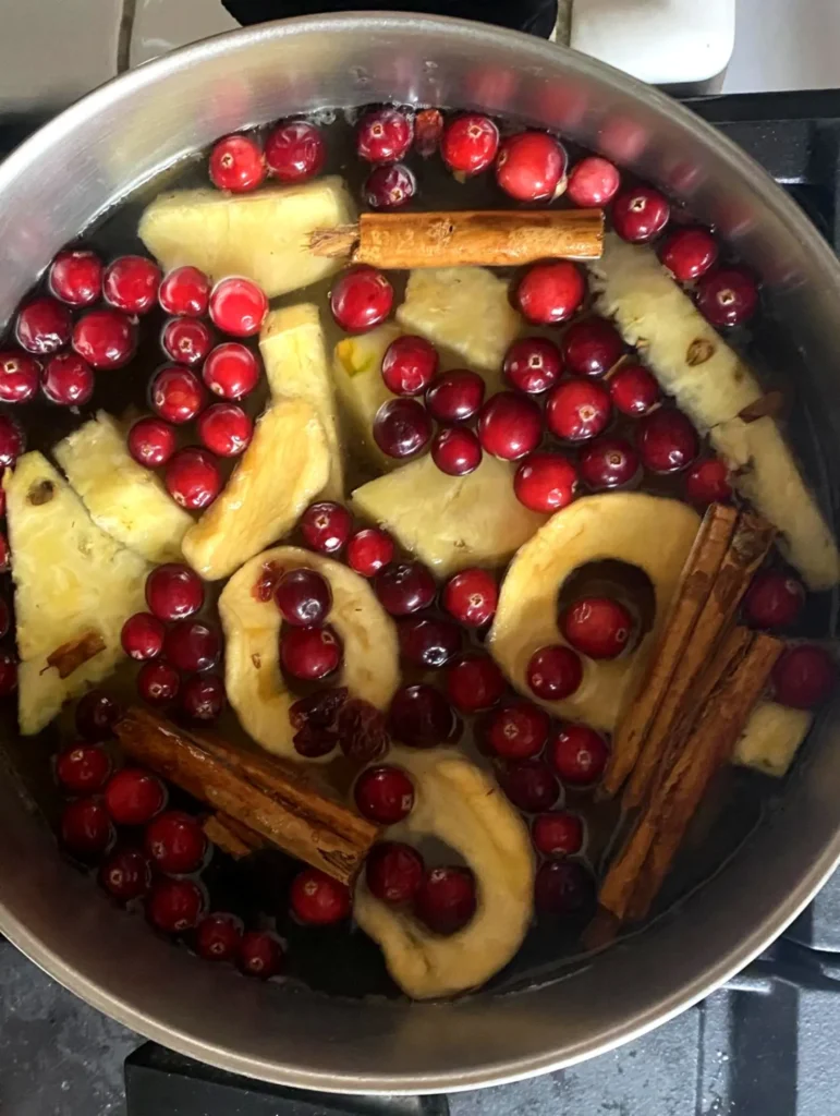 A pot of simmering ponche with cranberries, apple slices, and cinnamon sticks, bringing festive warmth to seasonal gatherings at home.