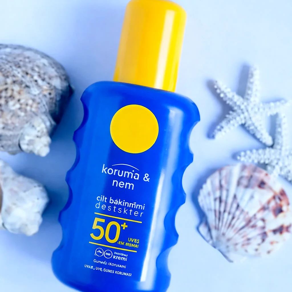 SPF 50 sunscreen bottle surrounded by shells and starfish, a must-pack for sunny days on the South Nayarit shoreline.