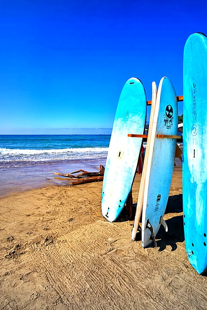 Surfboards standing upright on the sand beside gentle waves, capturing laid-back surf culture along the Costa Banderas.