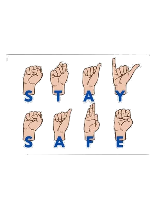 Illustrated hand symbols spelling “stay safe,” a friendly reminder to stay aware, choose calm steps, and explore confidently outdoors every day.