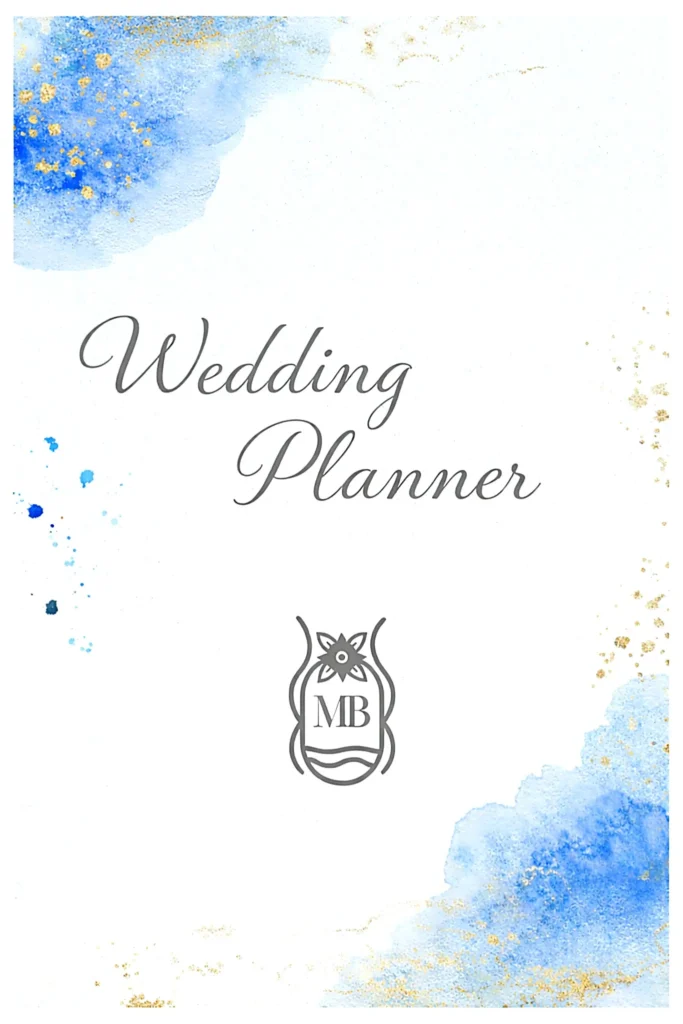 A minimalist wedding planner cover design with soft blue and gold watercolor accents and an elegant monogram, representing thoughtful event planning.
