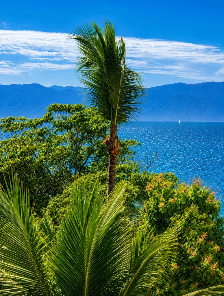 Palmeras tropicales dominan las brillantes aguas de Bahía de Banderas, con vistas a las montañas al otro lado de la bahía cerca de Bucerías, México.