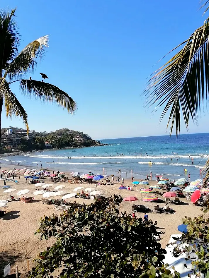 Visitors enjoying a sunny day at Sayulita's main beach, where colorful umbrellas, gentle waves, and a lively atmosphere attract travelers from around the world.