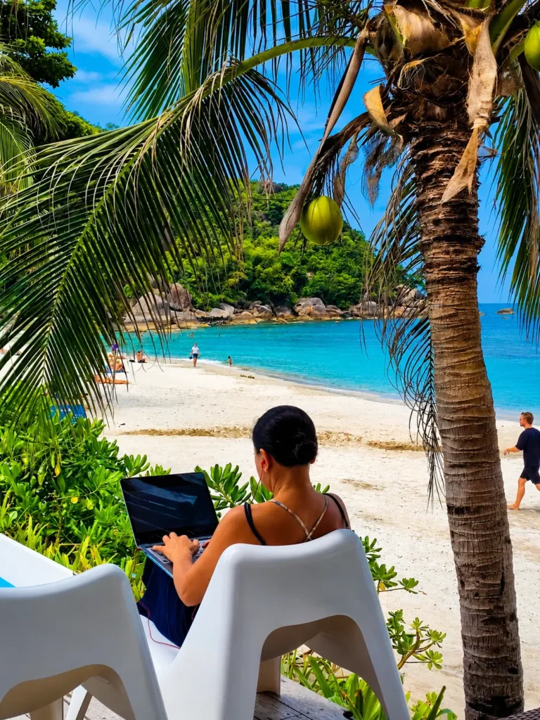 A remote worker uses a laptop from a shaded beachfront setting overlooking tropical waters and a scenic coastal landscape.
