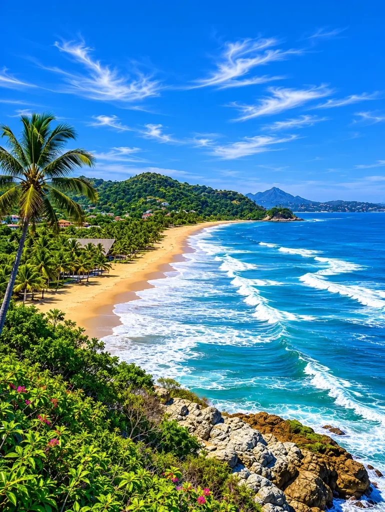 Vista elevada de la costa de San Pancho con arena dorada, colinas tropicales, palmeras y olas del océano Pacífico.