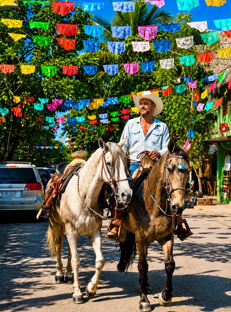 Horseback rider beneath colorful papel picado banners in San Pancho, reflecting the town's traditional culture and strong sense of community.