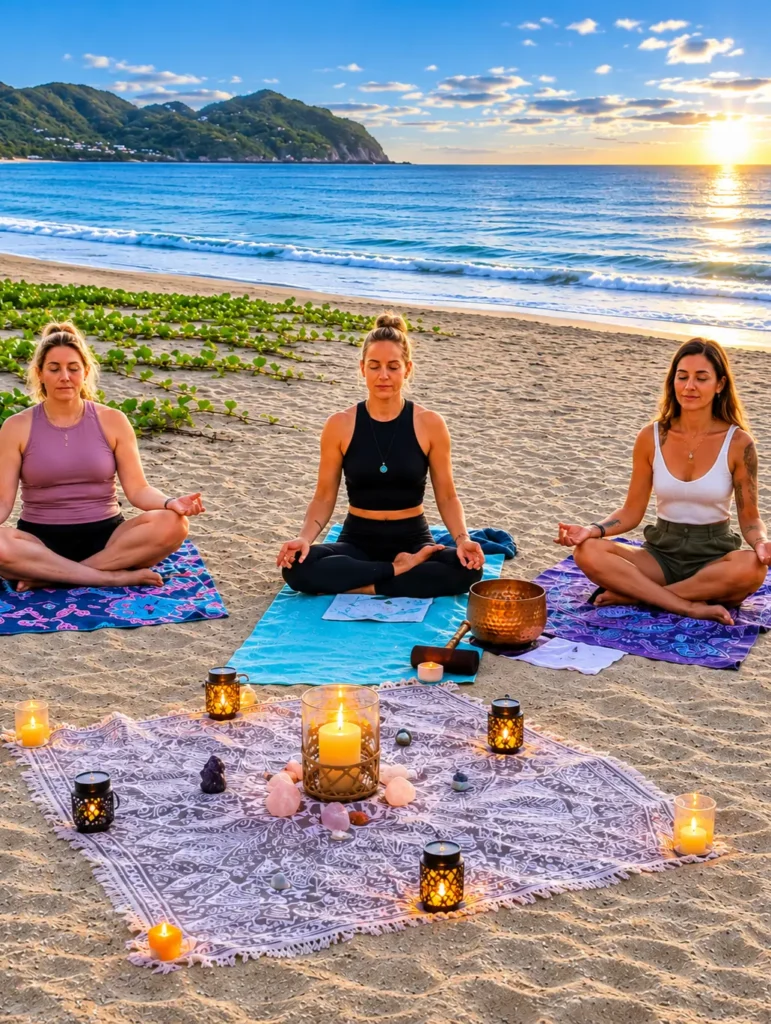 Participantes practican meditación y atención plena en Playa Sayulita durante una actividad de bienestar frente al océano Pacífico.