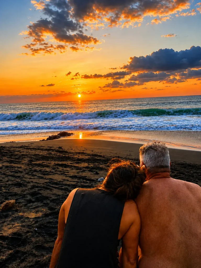 Una pareja contempla un vibrante atardecer del Pacífico en Playa Sayulita mientras las olas llegan a la orilla bajo nubes de colores.