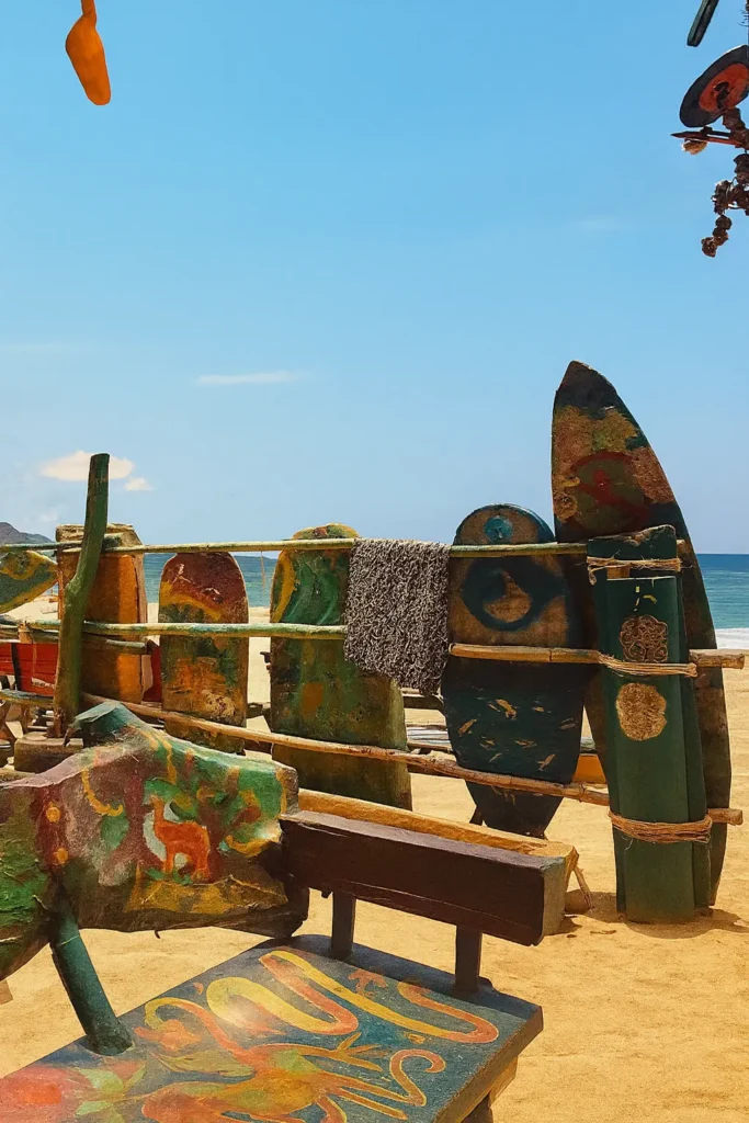 Hand-painted bohemian surfboards and beach art at Playa Camarón in Sayulita, Nayarit