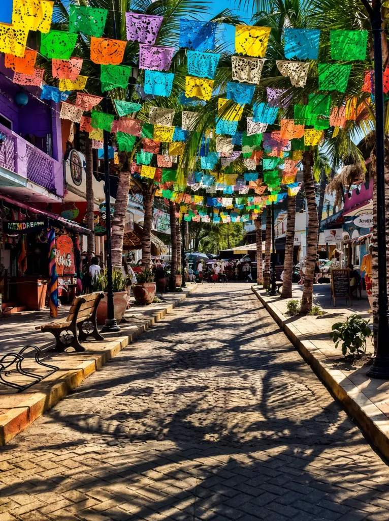 Colorful shopping street with grocery stores and markets in central Sayulita, Nayarit.