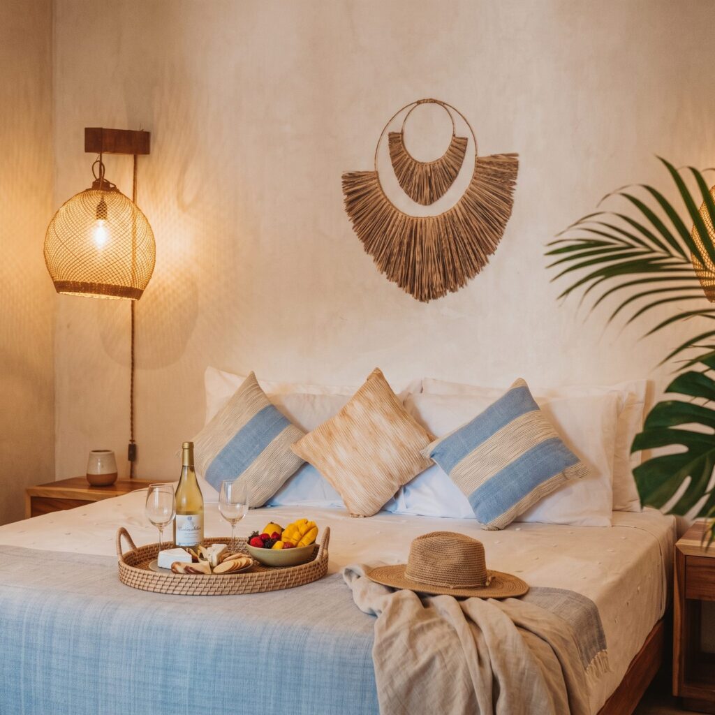 King bed with blue-striped pillows, woven wall art, a glowing rattan lamp, and a wine-and-fruit tray in the Classic Garden Suite at Amari, Sayulita.